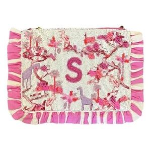 Anthropologie Beaded Monogram “S” Clutch Anna Harlow Russo Pink NWT
